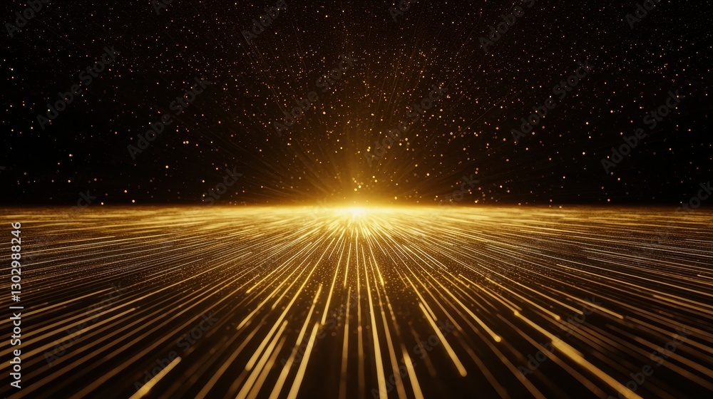 Poster A mesmerizing display of golden light beams radiating outward in a starry background, creating a sense of depth and movement.
