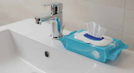 Fototapeta premium Bathroom cleaning essentials with a pack of wet wipes for spring cleaning 