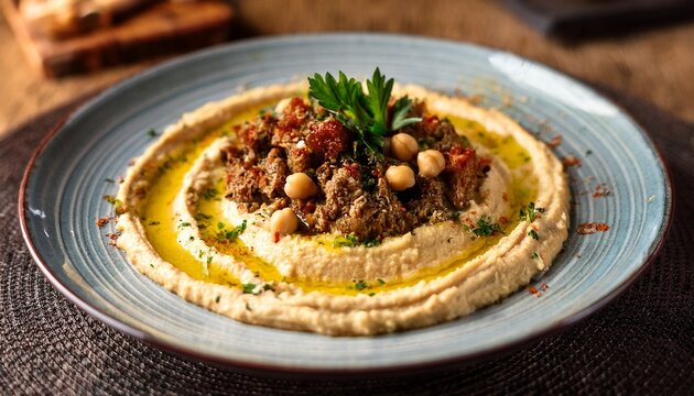 A beautifully plated dish of Hummus bil Lahme, featuring a smooth and creamy bed of golden h (2)