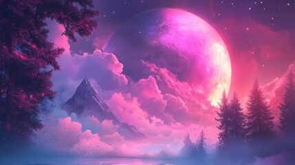 Pink Moonlit Fantasy Landscape: A Dreamlike Scene of Mountains, Lake, and a Giant Pink Moon