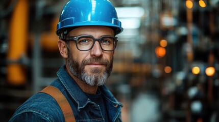portrait of a confident engineer wearing a blue hard hat standing in a construction site the image conveys professionalism and expertise in an industrial environment