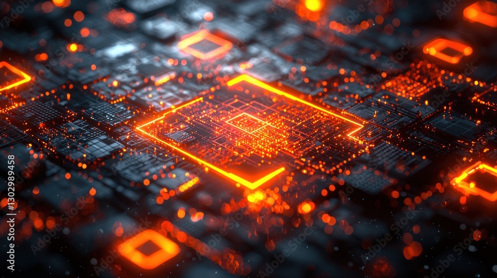 Poster illuminated circuit board with glowing orange lines for tech concepts