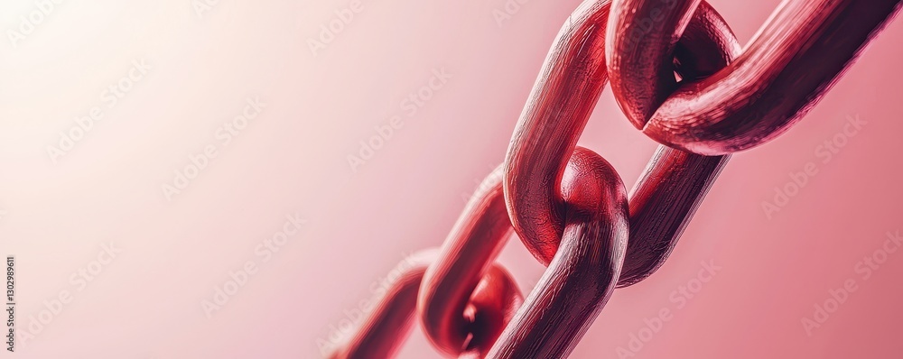 Poster a close-up view of a vibrant red chain against a soft pink background, symbolizing strength and conn