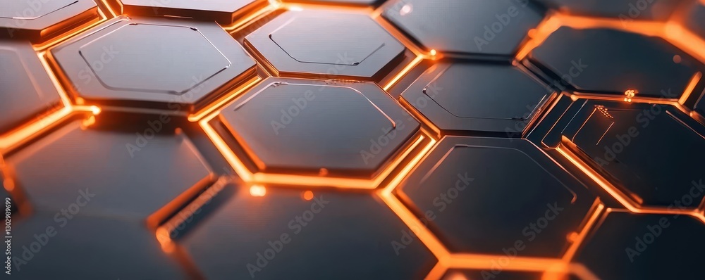 Aufkleber A close-up of interconnected hexagonal shapes with glowing orange edges on a dark surface, creating a modern, futuristic aesthetic.
