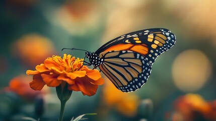 Obraz premium Macro photograph of monarch butterfly on marigold in dreamy garden