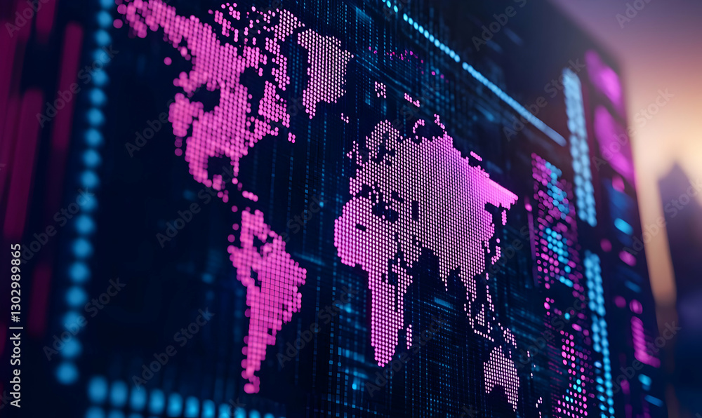 Poster abstract digital world map with neon glow effects and data analysis