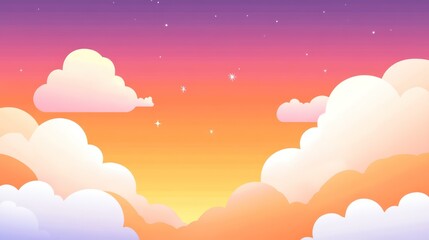 Cartoon Sky with Clouds and Stars at Sunset or Sunrise