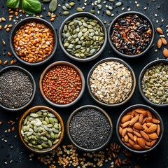 Top view of seeds and cereals mix, organic vegan protein diet, raw healthy ingredients, assortment of nutritionrich food elements for vegetarian cuisine preparation