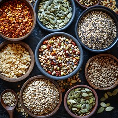 Fototapeta premium Top view of various seed and cereal mix, healthy raw food ingredients for vegan protein diet, assortment of nutrition elements, vegetarian cuisine cooking essentials