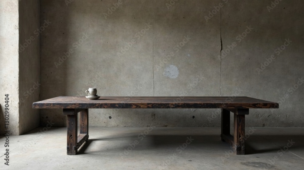 Aufkleber Rustic Wooden Table with Simple Cup and Saucer Setting Against a Weathered Concrete Wall