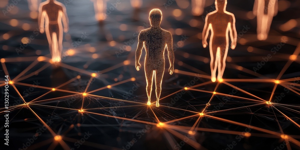Poster A digital representation of interconnected figures, symbolizing networking, technology, and human connection in a futuristic setting.