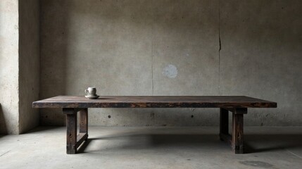 Obraz premium Rustic Wooden Table with Simple Cup and Saucer Setting Against a Weathered Concrete Wall
