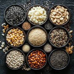 Naklejka premium Top view of various seed and cereal mix, healthy raw food ingredients for vegan protein diet, assortment of nutrition elements, vegetarian cuisine cooking essentials