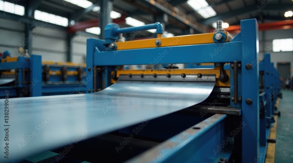 Poster industrial metal sheeting production line close-up view of a modern factory machine processing a lon