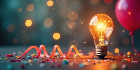 Illuminating Celebration A Glowing Light Bulb Amidst Festive Confetti and a Cheerful Balloon, Symbolizing Joyful Innovation and Bright Ideas