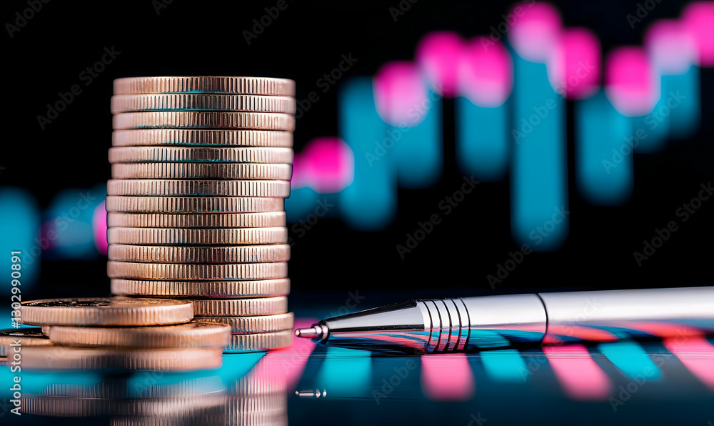 Poster stacks of coins with pen on abstract financial graph background
