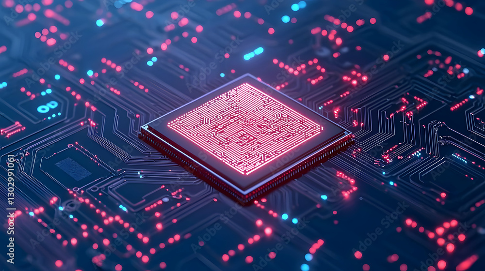 Poster abstract close-up of neon circuit board with central processor chip