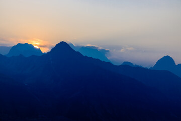 Nepal mountains landscape in Himalaya Everest Base camp trek. Beautiful landscape of snow summit eight thousand peaks above huge glacier and wide mountain valley Solo Khumbu, Sagarmatha Region