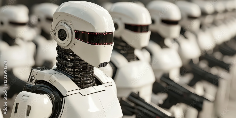 Poster a line of futuristic robots stands ready, showcasing advanced technology and design in a military fo