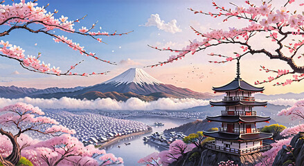 Cartoon Japanese pagoda with sakura trees, vibrant colors, spring landscape scene