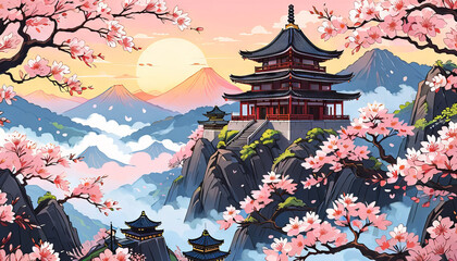 Cartoon Japanese pagoda and sakura trees, sunset colors, spring landscape