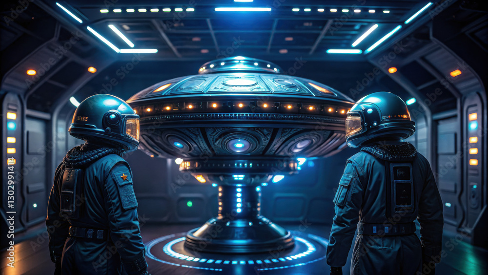 Poster easter egg concept. futuristic scene with astronauts observing a spaceship in a sci-fi setting.