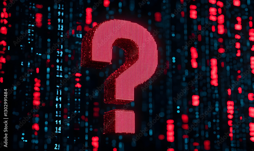 Poster red question mark in digital environment with glowing binary code