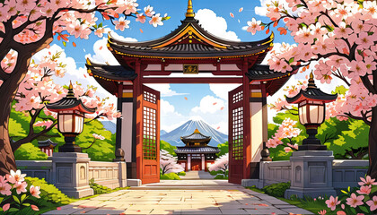 Cartoon gate with sakura trees, vibrant colors, Japanese spring entrance