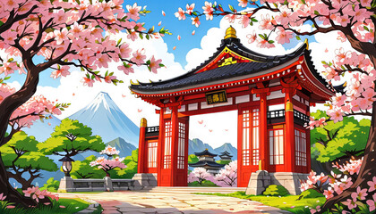 Cartoon woman walking to gate with sakura, peaceful spring scenery