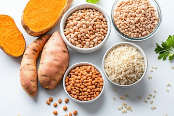 Raw ingredients for a nutritious complex carbohydrate meal on a clean kitchen countertop featuring sweet potatoes, legumes, and brown rice
