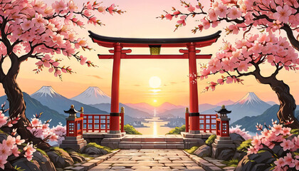 Cartoon Torii gate with sakura trees, sunset colors, Japanese spring entrance