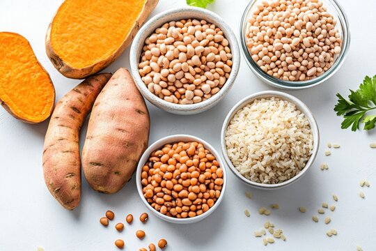 Raw ingredients for a nutritious complex carbohydrate meal on a clean kitchen countertop featuring sweet potatoes, legumes, and brown rice