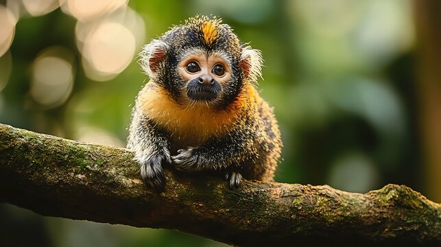 Close-up of a black and gold monkey sitting on a tree branch in a lush green forest, surrounded by a dreamy bokeh background with natural sunlight filtering through the leaves