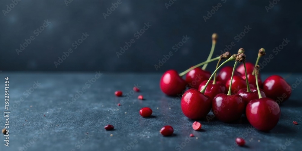 Poster A cluster of ripe, vibrant red cherries rests on a dark slate surface, scattered with small red specks, creating a visually appealing and appetizing still life.