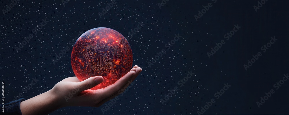 Poster a hand holds a glowing red sphere, surrounded by a mist of particles against a dark background, crea