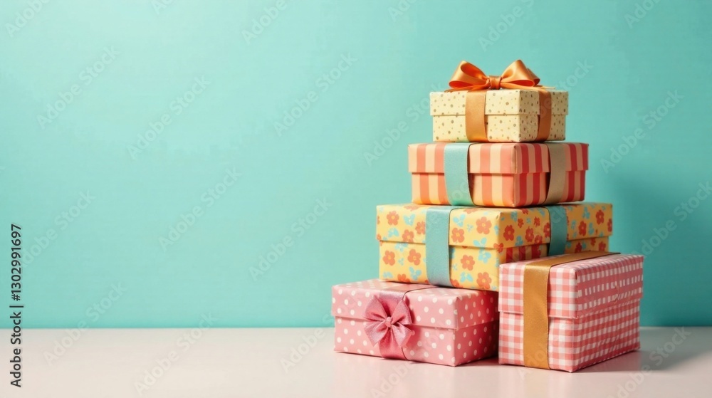Poster a stack of festively wrapped presents with pastel ribbons and charming patterns sits on a pale surfa