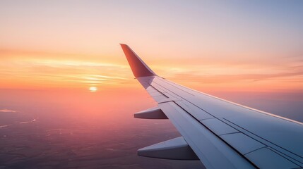 Airplane wingtip glowing as it reflects the warm hues of a breathtaking sunrise