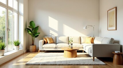 Modern Sectional Sofa in Bright Sunlit Living Room with Minimalist Decor and Potted Plants