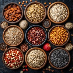 Assortment of various seeds and cereal mix, top view, organic vegan protein diet, healthy raw food ingredients background, nutritious elements for vegetarian cuisine cooking