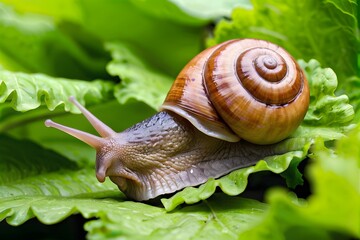 Close-up of a snail on a lettuce leaf with copy space