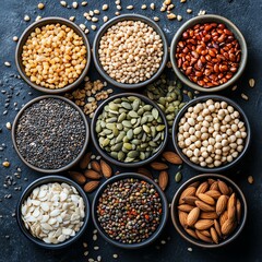 Fototapeta premium Assortment of various seeds and cereal mix, top view, organic vegan protein diet, healthy raw food ingredients background, nutritious elements for vegetarian cuisine cooking