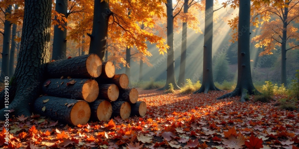 Poster serene autumn forest scene featuring a stack of neatly arranged logs bathed in the golden sunlight f