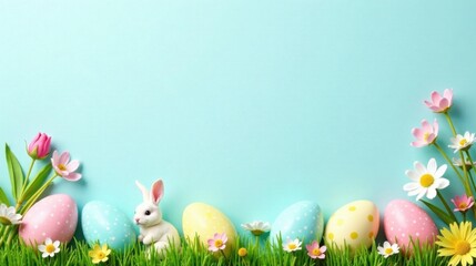 Pastel Easter Eggs, Bunny, and Spring Flowers on a Light Blue Background, Perfect for Festive Greetings