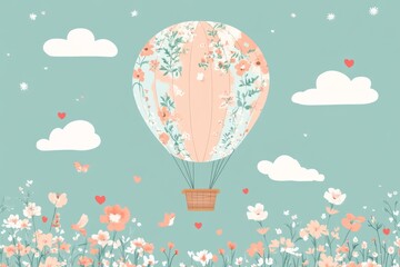 Sky blue and peach floral hot air balloon 