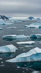Icy arctic sea, with floating icebergs and cold, pale skies.