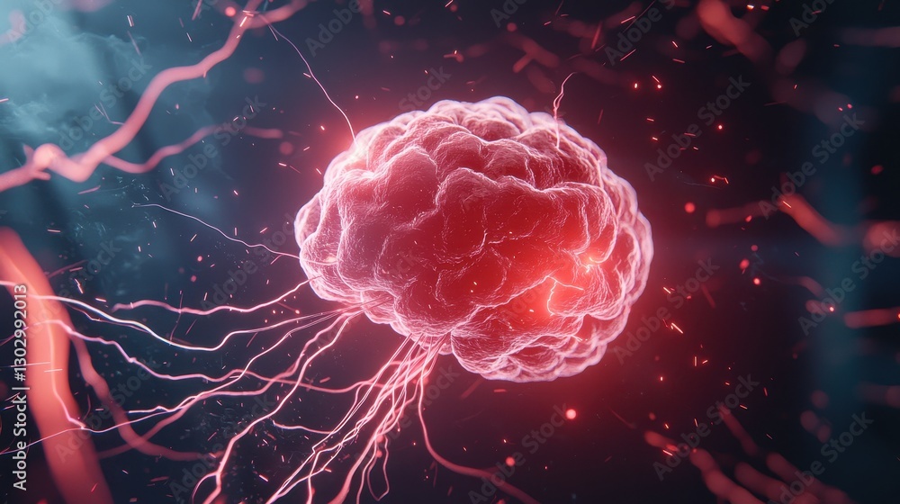 Poster A vibrant, digital representation of a brain surrounded by dynamic energy waves, illustrating concepts of intelligence and neural activity.