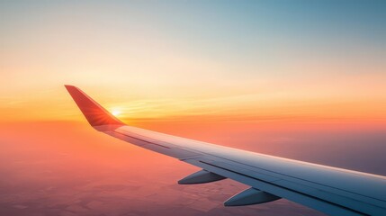 Fototapeta premium Airplane wingtip glowing as it reflects the warm hues of a breathtaking sunrise