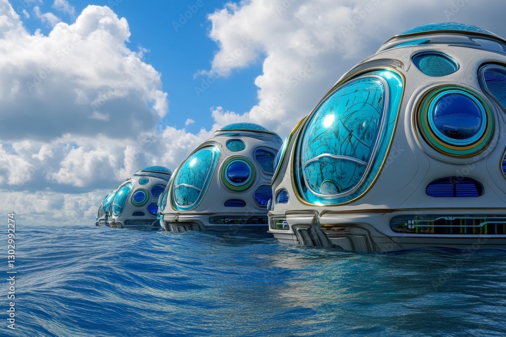 Poster a futuristic floating city powered by wave and tidal energy