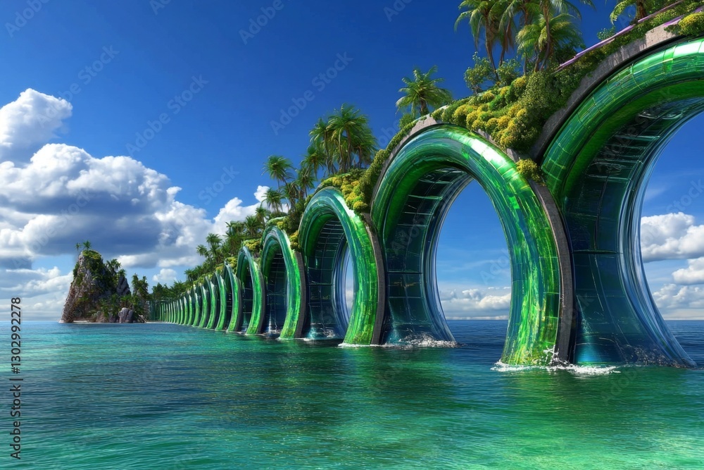 Poster a futuristic floating city powered by wave and tidal energy