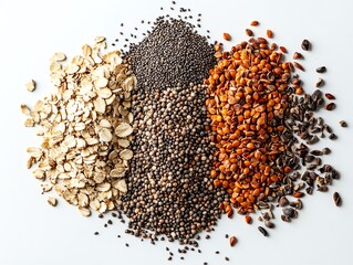 Group of seeds and cereals, top view, organic vegan protein diet, assortment of healthy raw ingredients, pile of nutrition cooking elements for vegetarian food preparation
